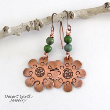 Copper Flower Earrings with Turquoise - Earthy Nature Inspired Handmade Jewelry 