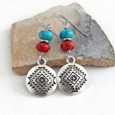Southwest Silver Tone Concho Earrings with Blue Turquoise and Red Coral - Artisan Handmade Sundance / Boho Southwestern Style Jewelry