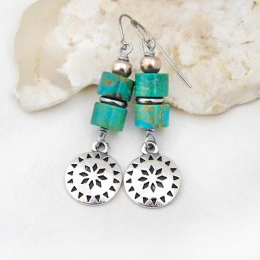 Silver Pewter Concho Earrings with Turquoise Stones - Southwestern Style Jewelry