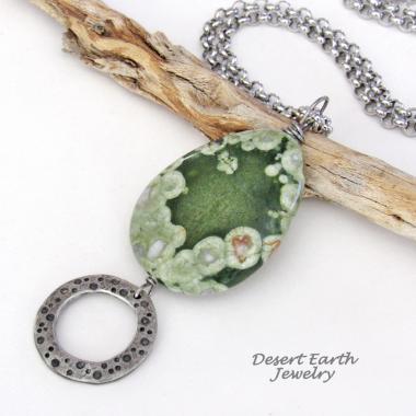 Green Rainforest Jasper Stone Pendant with Hand Stamped Silver Pewter Circle Dangle - Handmade Earthy Natural Boho Style Jewe