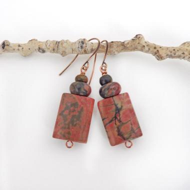 Small and petite, but full of earthy charm - these one-of-a-kind earrings feature natural red creek jasper stones topped off with smaller red creek jasper beads. The stones have a natural pattern in earthy hues of mossy greens, brick red and orange. Great colors for your fall wardrobe - or any time of year! They'll make a great gift for anyone that loves natural stones.