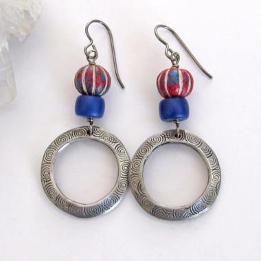 Silver Tone Pewter Earrings with Red White and Blue Carved Clay and Navy Blue Glass Beads - Patriotic USA Colors