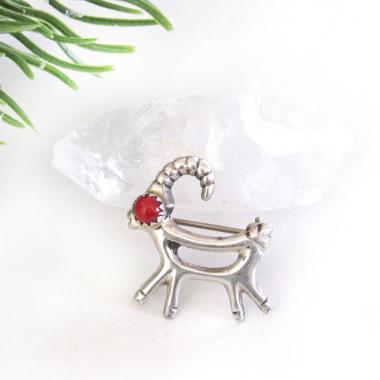 Small Sterling Silver Antelope Reindeer Pin with Red Coral - Christmas Holiday Jewelry Gift for Animal Lovers