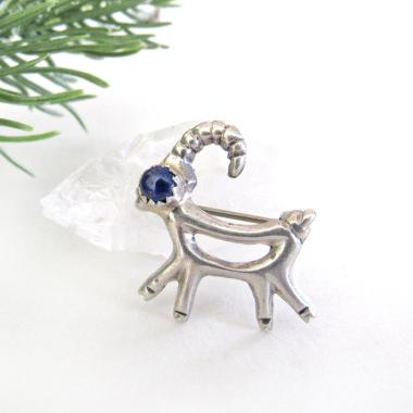 Small Sterling Silver Antelope Reindeer Pin with Blue Lapis Stone - Cute Whimsical Animal Lover Jewelry Gifts