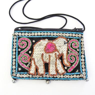 Sequined Embroidered Elephant Small Wallet Cross Body Bag - Ethnic Boho Vintage Fashion Accessory