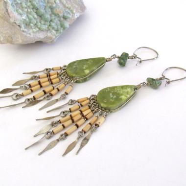 Long Bohemian Gypsy Fringe Dangle Earrings with Green Serpentine Stones - Vintage Boho Hippie Fashion Jewelry