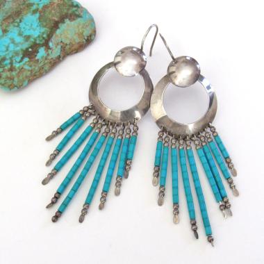 Southwestern Sterling Silver & Turquoise Earrings with Long Fringe Dangles - Vintage Southwest Jewelry