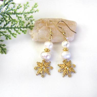 White Pearl and Gold Brass Snowflake Dangle Earrings - Elegant Modern Classic Chic Jewelry Gifts for Women