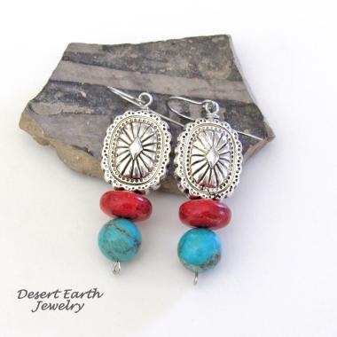 Southwest Concho Earrings with Turquoise & Red Coral - Handmade Boho Southwestern Style Jewelry