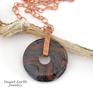 Tiger Iron Gemstone Pendant on Copper Chain Necklace - Rustic Earthy Natural Stone Jewelry for Men or Women