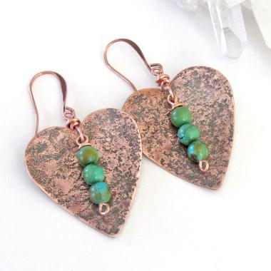 Rustic Copper Heart Earrings with Dangling Turquoise Stones