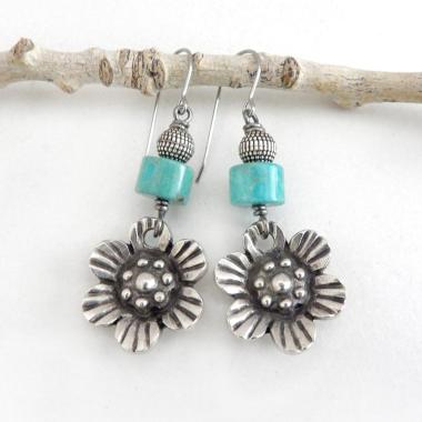 Flower Silver Tone Pewter Earrings with Turquoise Stones -  Nature Lover Jewelry Gifts for Women