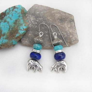 Small Zuni Bear Silver Pewter Earrings with Turquoise and Lapis Gemstones - Southwestern Style Jewelry