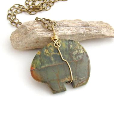 Zuni Bear Jasper Stone Pendant on Brass Chain Necklace - Southwest Style Jewelry for Men & Women