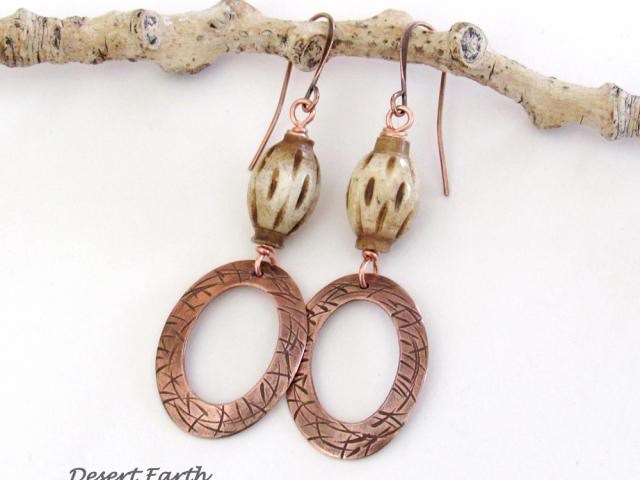 Boho Copper Dangle Earrings wtih African Carved Bone Beads - Bohemian Ethnic Tribal Style Jewelry