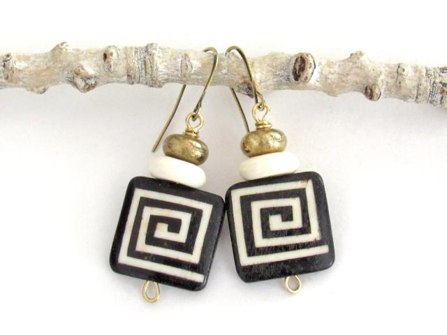African Batik Bone Earrings with Greek Key Pattern - Bohemian Boho Ethnic Tribal Afrocentric Style Handmade Fashion Jewelry