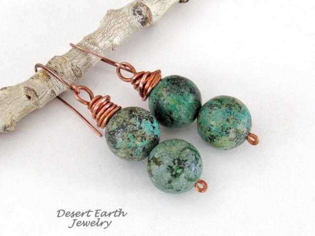 African Turquoise Jasper Stone Earrings Wire Wrapped in Copper - Natural Earthy Boho Style Gemstone Jewelry 