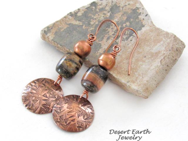 Round Copper Dangle Earrings with Brown Black Jasper Stones & Copper Beads - Handmade Modern Boho Style Jewelry