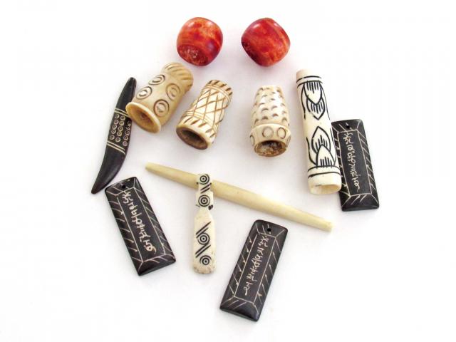  Ethnic Boho Tribal Style Carved Bone Bead Lot for Jewelry Making / Craft Supply