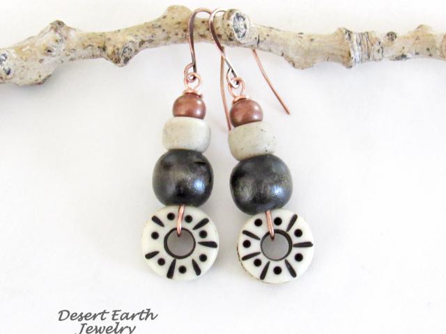 Boho Tribal Dangle Earrings with Copper, Wood & Carved African Bone & Glass Beads