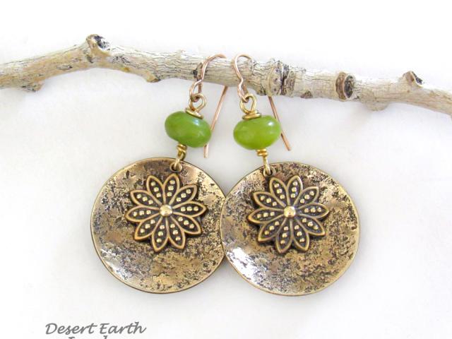 Gold Brass Dangle Earrings with Flower Charms & Green Serpentine Stones - Nature Jewelry Gifts for Women