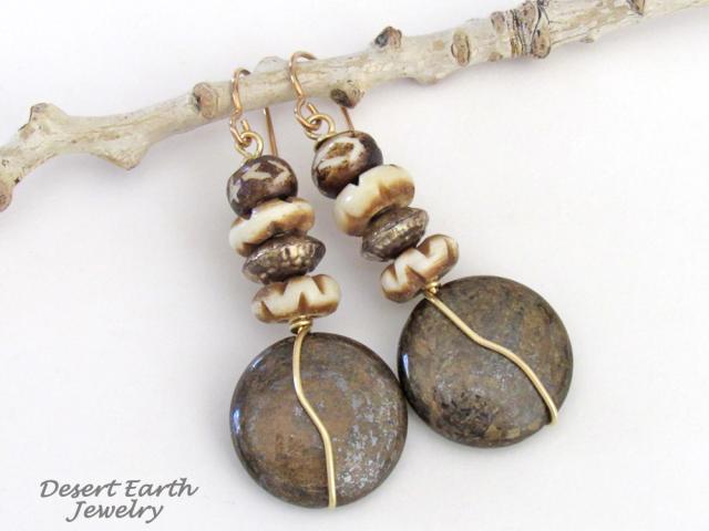 Brown Bronzite Stone Earrings with African Carved Bone & Brass Beads - Earthy Natural Boho Style Jewelry