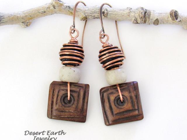 Boho Beaded Dangle Earrings with Brown Wood, Copper and African Glass Beads 