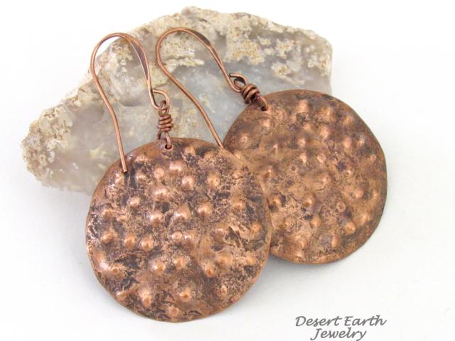 These handmade copper earrings have a rustic, hammered bumpy texture with a rustic organic, natural looking style. Perfect fo