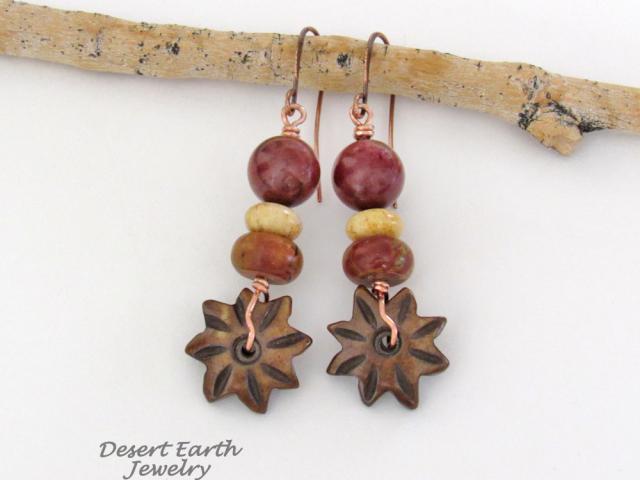 Brown Carved Wood Flower Earrings with Jasper & Fossilized Coral Beads - Earthy Natural Stone Jewelry 