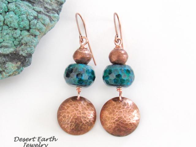 Hammered Copper Dangle Earrings with Faceted Blue Green Chrysocolla Stones