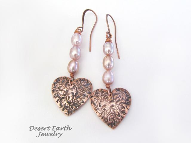 Copper Heart Dangle Earrings with Pink Pearls - Romantic Valentine's Day Jewelry Gifts 