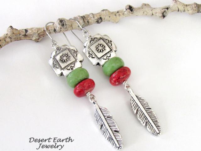 Southwest Tribal Cross Earrings with Feathers, Red Coral & Green Serpentine Stones - Native Style Southwestern Jewelry