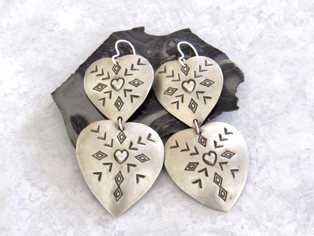 SALE: Large Sterling Silver Heart Shaped Concho Earrings - Vintage Southwestern Jewelry