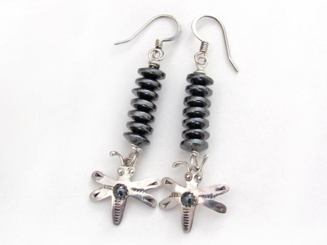 Sterling Silver Dragonfly Earrings with Gray Hematite Gemstones - Boho Whimiscal Nature Jewelry Gifts for Women or Girls