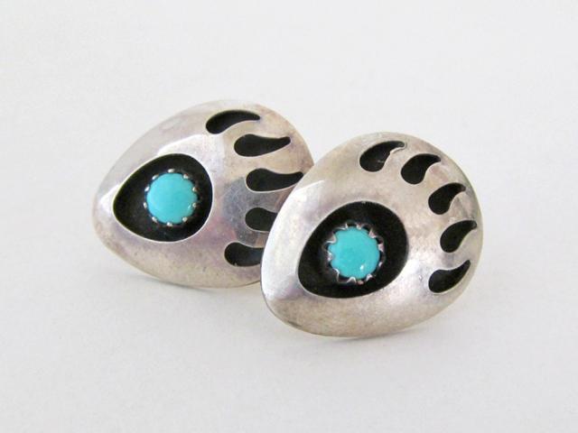 Small Sterling Silver & Turquoise Bear Claw Stud Earrings - Vintage Native Style Southwestern Jewelry