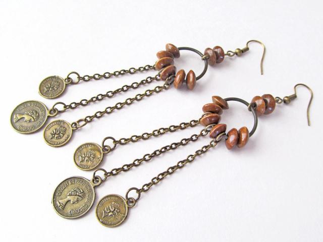 Long Vintage Gypsy Chandelier Earrings with Faux Coin Dangles - Bohemian Hippie Fashion Costume Jewelry