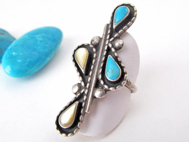 Big Bold Sterling Silver Ring with Turquoise and Mother of Pearl - Vintage Native Style Southwestern Jewelry