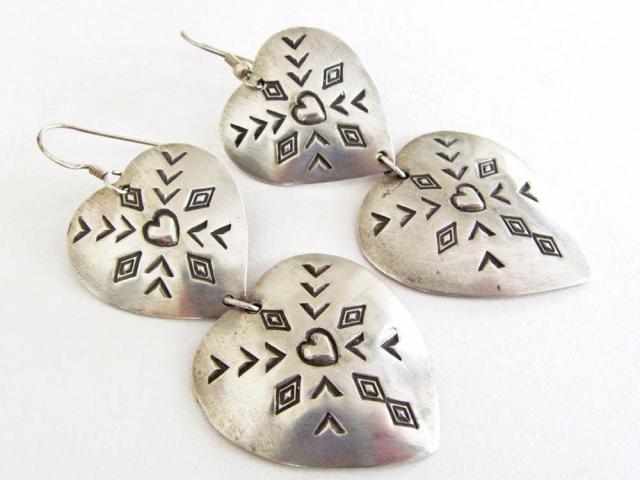 Large Sterling Silver Heart Shaped Concho Earrings - Vintage Southwestern Jewelry