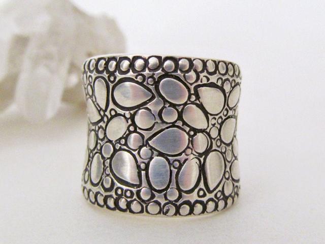 Textured Sterling Silver Wide Band Ring - Unique Modernist Style Jewelry