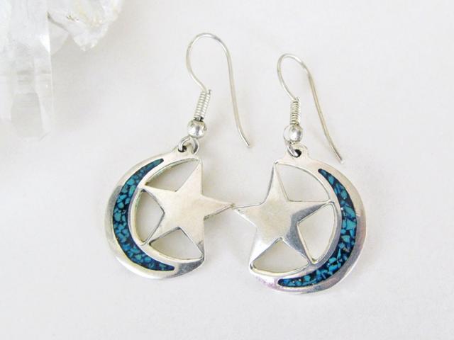 Sterling Silver Crescent Moon & Star Earrings with Inlaid Mosaic Turquoise - Celestial Jewelry