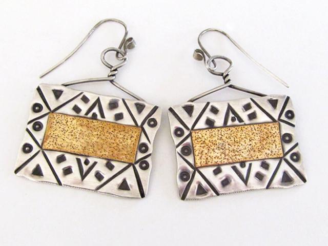 Big Bold Hand Stamped Sterling Silver Earrings - Vintage Artisan Mixed Metal Jewelry