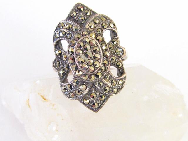 Sparkling Marcasite Art Deco Style Sterling Silver Ring - Vintage Flashy Bling Jewelry