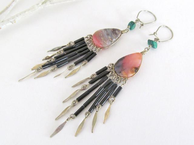 Long Bohemian Gypsy Fringe Dangle Earrings with Pink Rhodochrosite Stones - Vintage Boho Hippie Fashion Jewelry