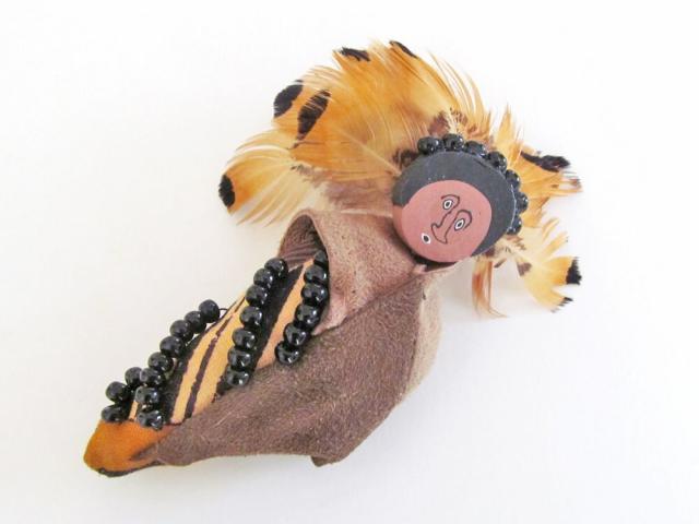 Native American Doll Fimo Clay Pin Brooch with Real Feather Headdress 