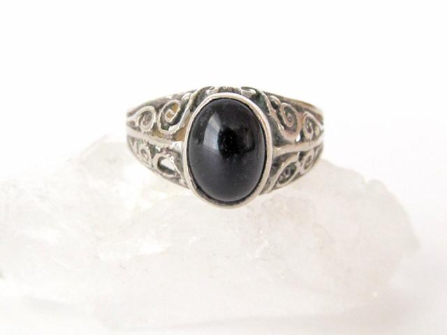 Dainty Sterling Silver Filigree Ring with Black Onyx Gemstone - Small Size Rings for Women