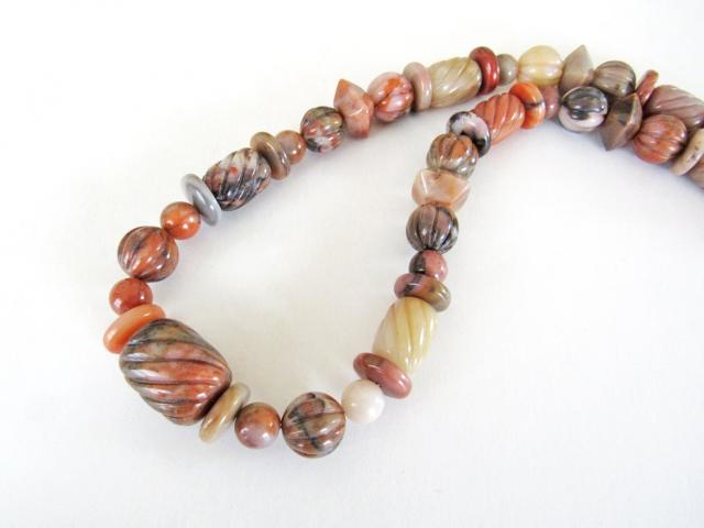 Carved Multi Stone Beaded Necklace with Beige Orange Brown Agate & Jasper Stones  