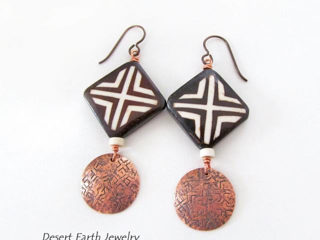 African Batik Bone Earrings with Hand Stamped Copper Dangles - Handmade Boho Hippie Tribal Jewelry
