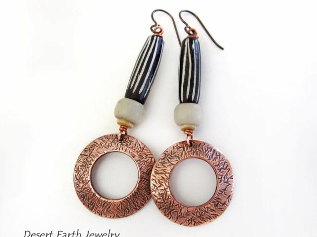 Copper Hoop Dangle Earrings with African Batik Bone Beads - Boho Hippie African Tribal Style Jewelry