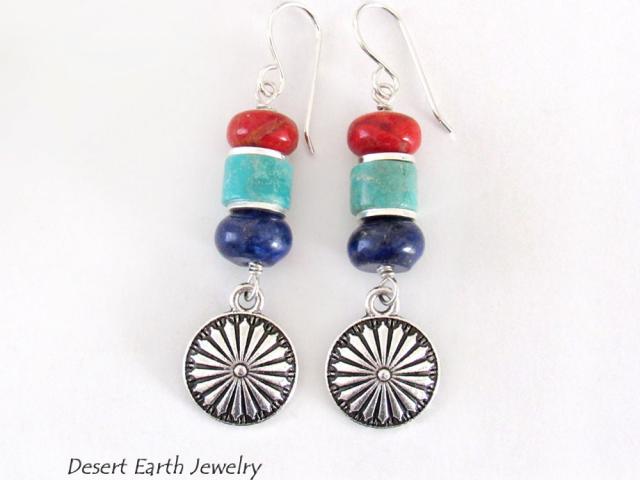 Colorful Boho Southwestern Silver Concho Earrings with Turquoise, Red Coral & Lapis Stones