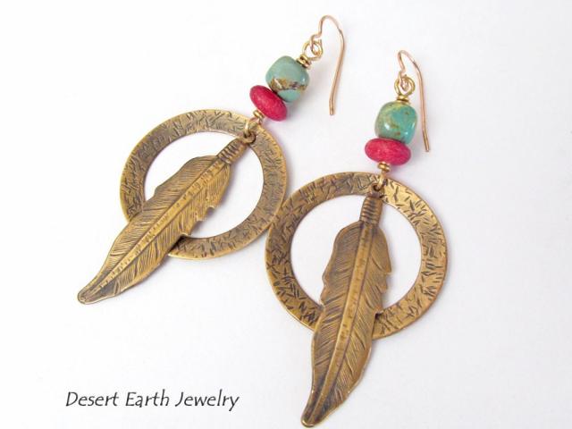 Long Brass Feather Hoop Earrings with Turquoise & Red Beads - Handmade Boho Southwest Jewelry